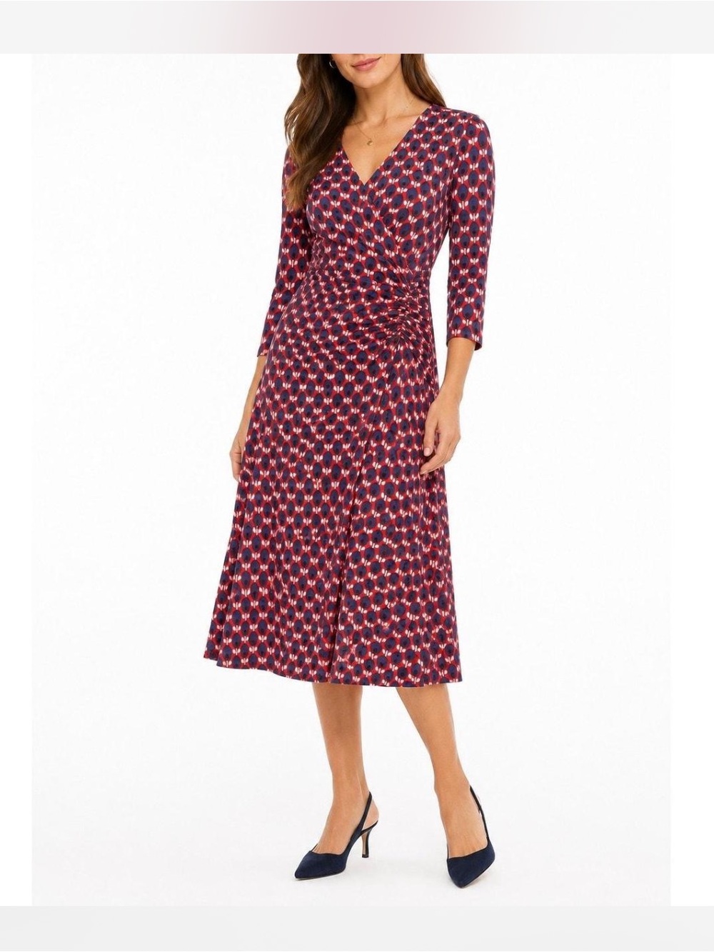 Boden Burgundy and Navy Printed Wrap-Style Midi Dress Size 12R